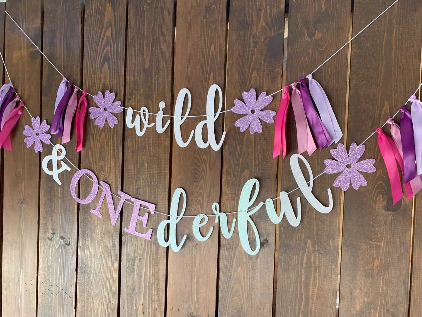 Wild and Onederful Wildflowers, Purples and Mauve and Dark Pink First Birthday Party Banner