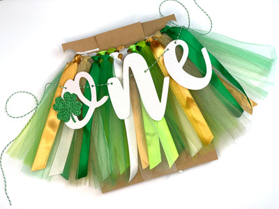 Lucky One St Patrick's Day First Birthday Theme. Green, White, Lime and Gold High Chair Tutu Skirt Banner