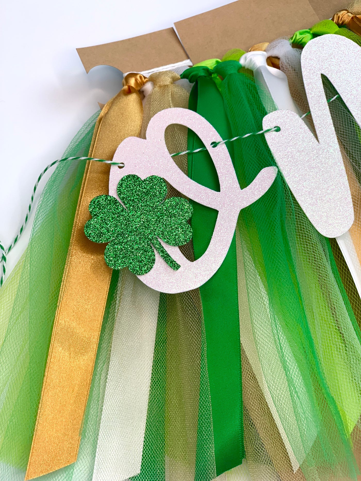 Lucky One St Patrick's Day First Birthday Theme. Green, White, Lime and Gold High Chair Tutu Skirt Banner