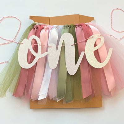 Some Bunny is One, Mauve, Pink, White and Sage One High Chair Tutu Skirt Banner, 1st Birthday Photo Backdrop SG