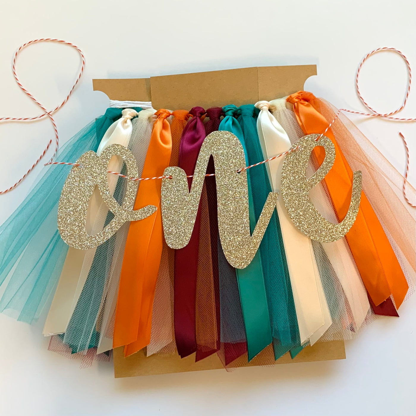 Burgundy, Orange, Teal and Ivory First Birthday High Chair Tutu Skirt Banner