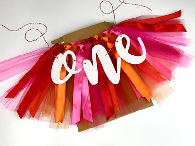 Red, Orange and Hot Pink One High Chair Tutu Skirt Banner EL