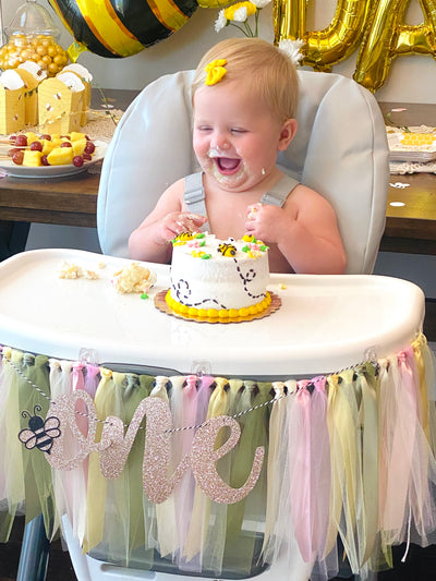 Bee First Birthday High Chair Banner Tutu Skirt. First Bee Day Theme. SG